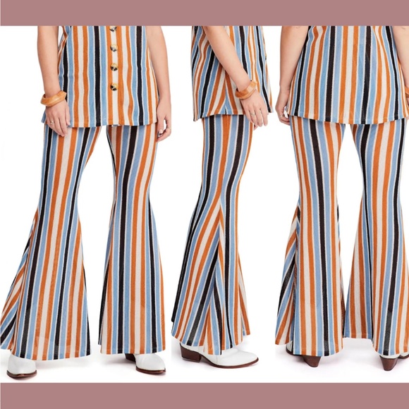 NWT Free People [ Small ] Bridget Stripe Flare‎ PANTS ONLY in Mustard/Blue - Picture 1 of 14